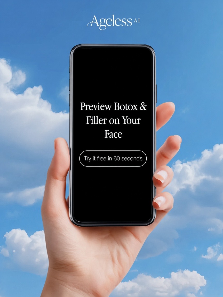 Ageless AI phone preview inviting you to preview Botox and filler results on your own face in 60 seconds.