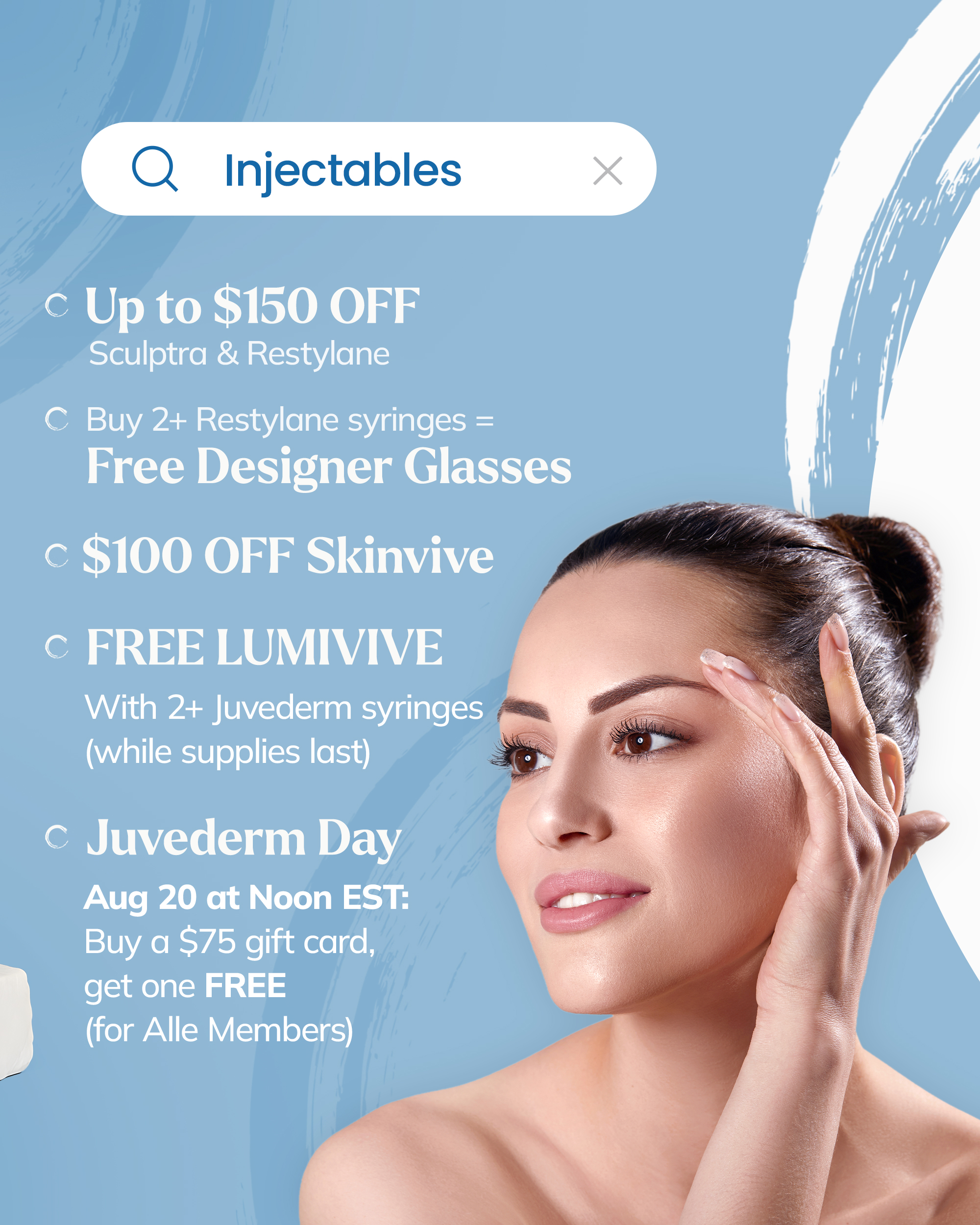 Injectables promo with savings on lip filler, Skinvive glow, and free Lumivive skincare with Juvederm purchase.