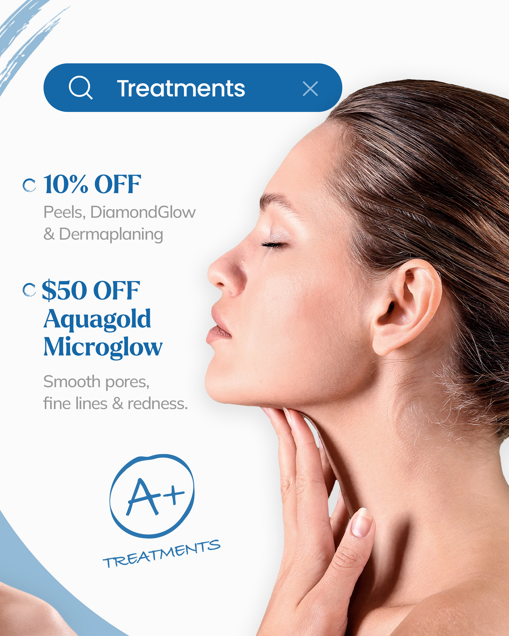 Promotional ad for facial and body treatments including CoolSculpting, EMsculpt, and skin rejuvenation services.