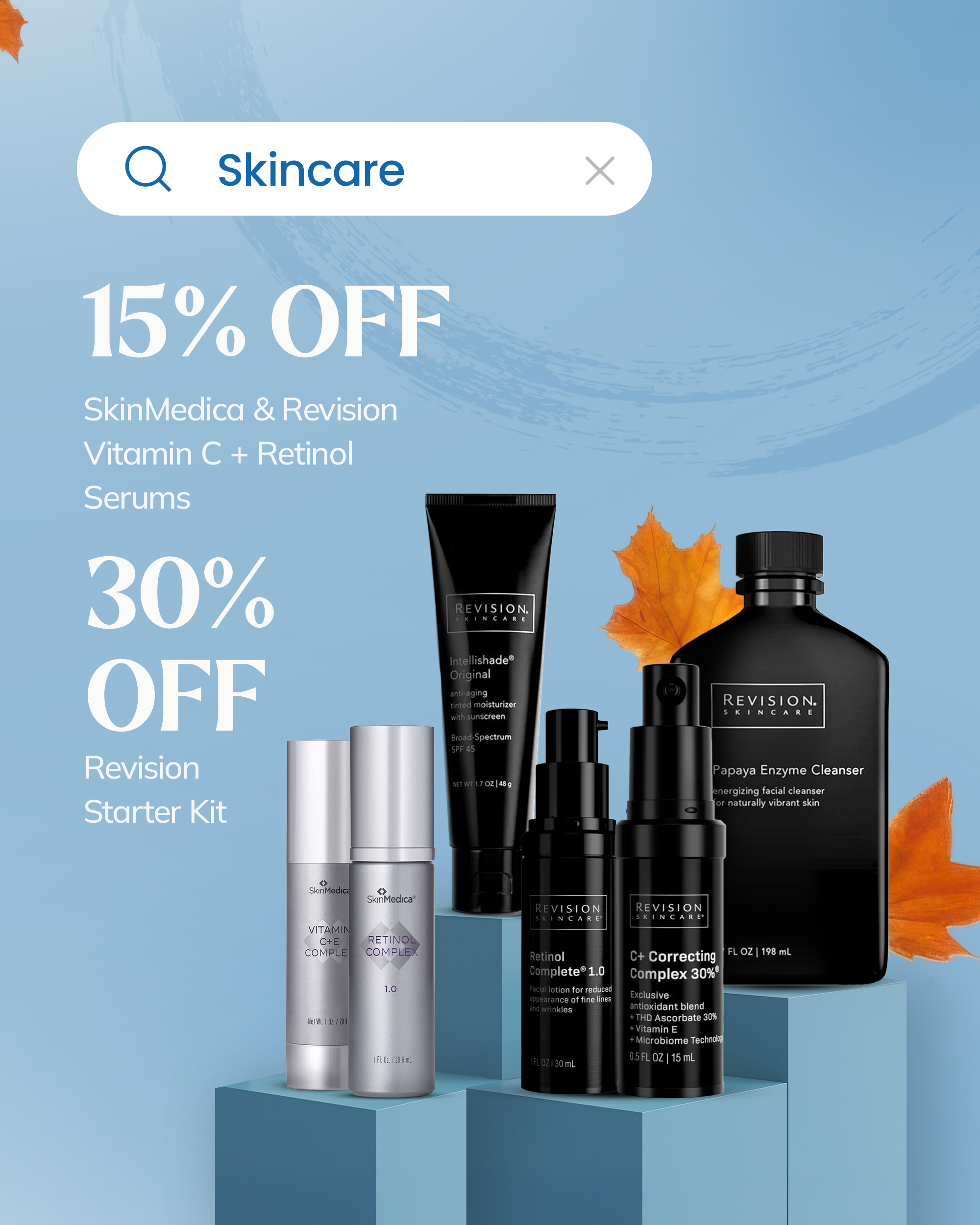 Skincare product promo with 15% off hydrating serums and exfoliators at Grosse Pointe Dermatology.