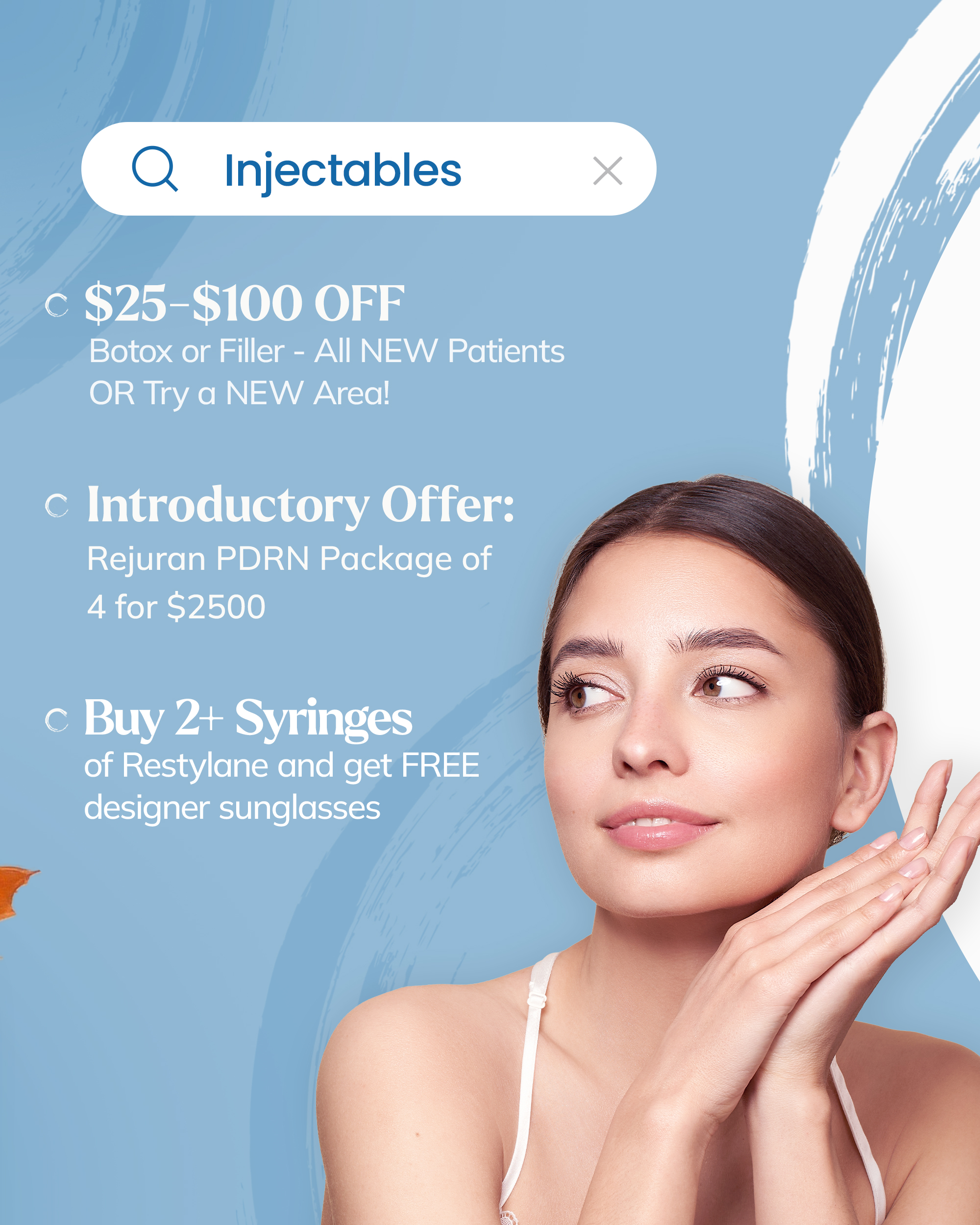 Injectables promo with savings on lip filler, Skinvive glow, and free Lumivive skincare with Juvederm purchase.