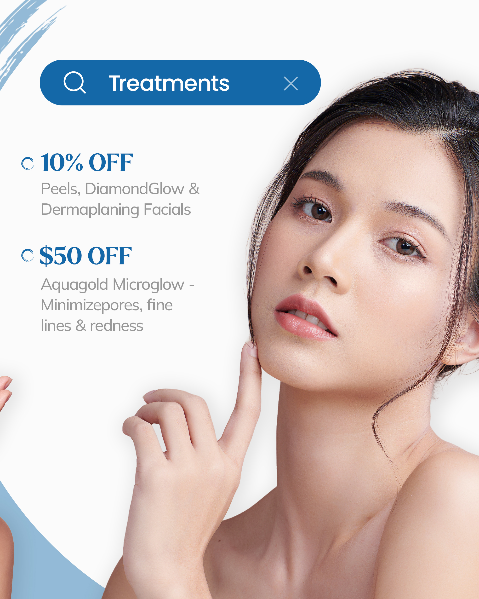 Promotional ad for facial and body treatments including CoolSculpting, EMsculpt, and skin rejuvenation services.