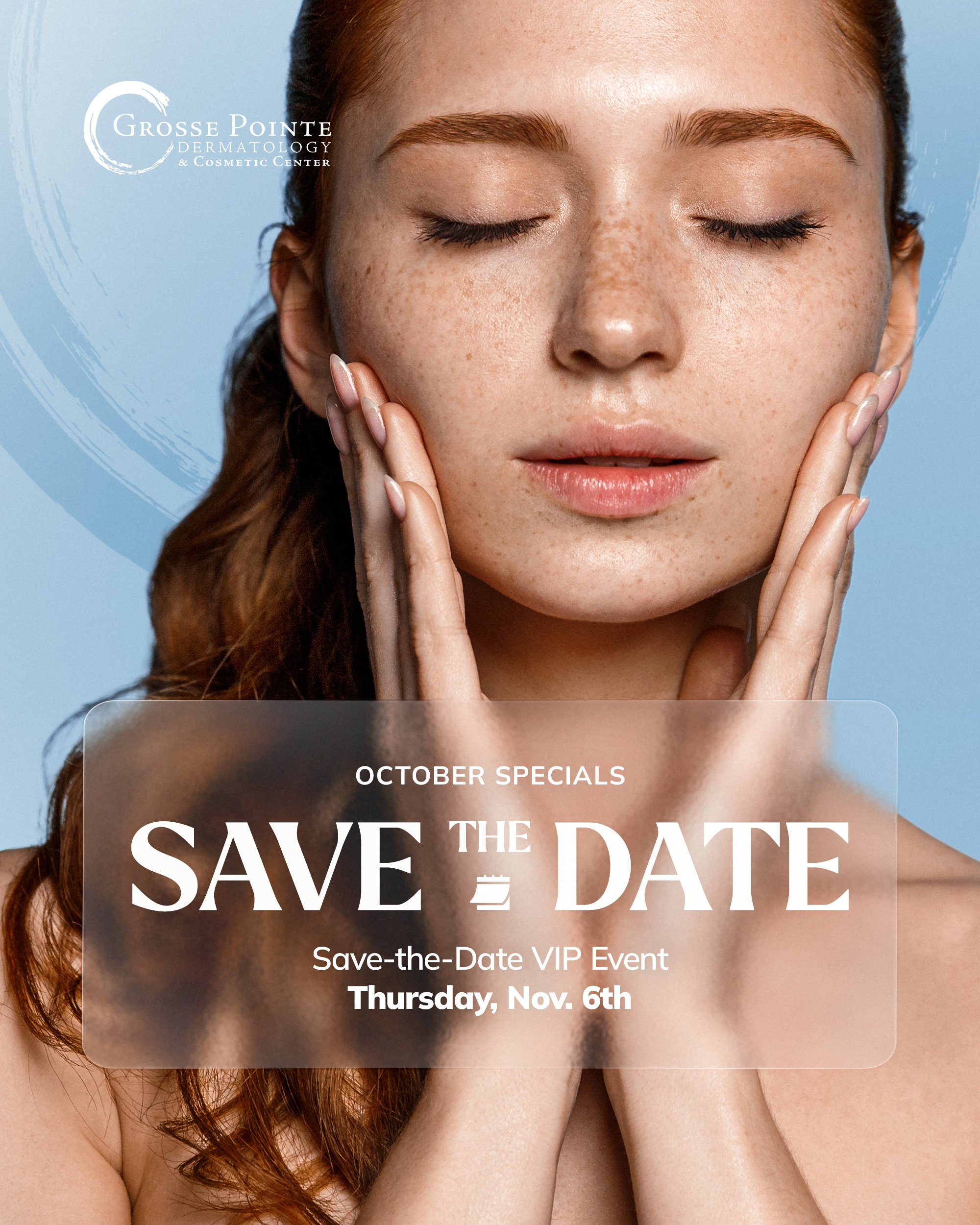Woman with glowing skin promoting July skincare and injectable specials at Grosse Pointe Dermatology.