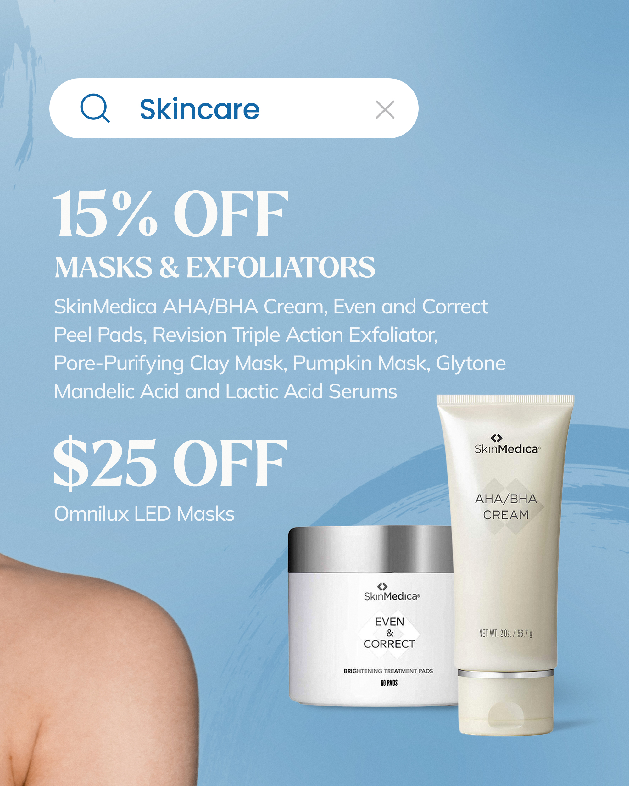 Skincare product promo with 15% off hydrating serums and exfoliators at Grosse Pointe Dermatology.