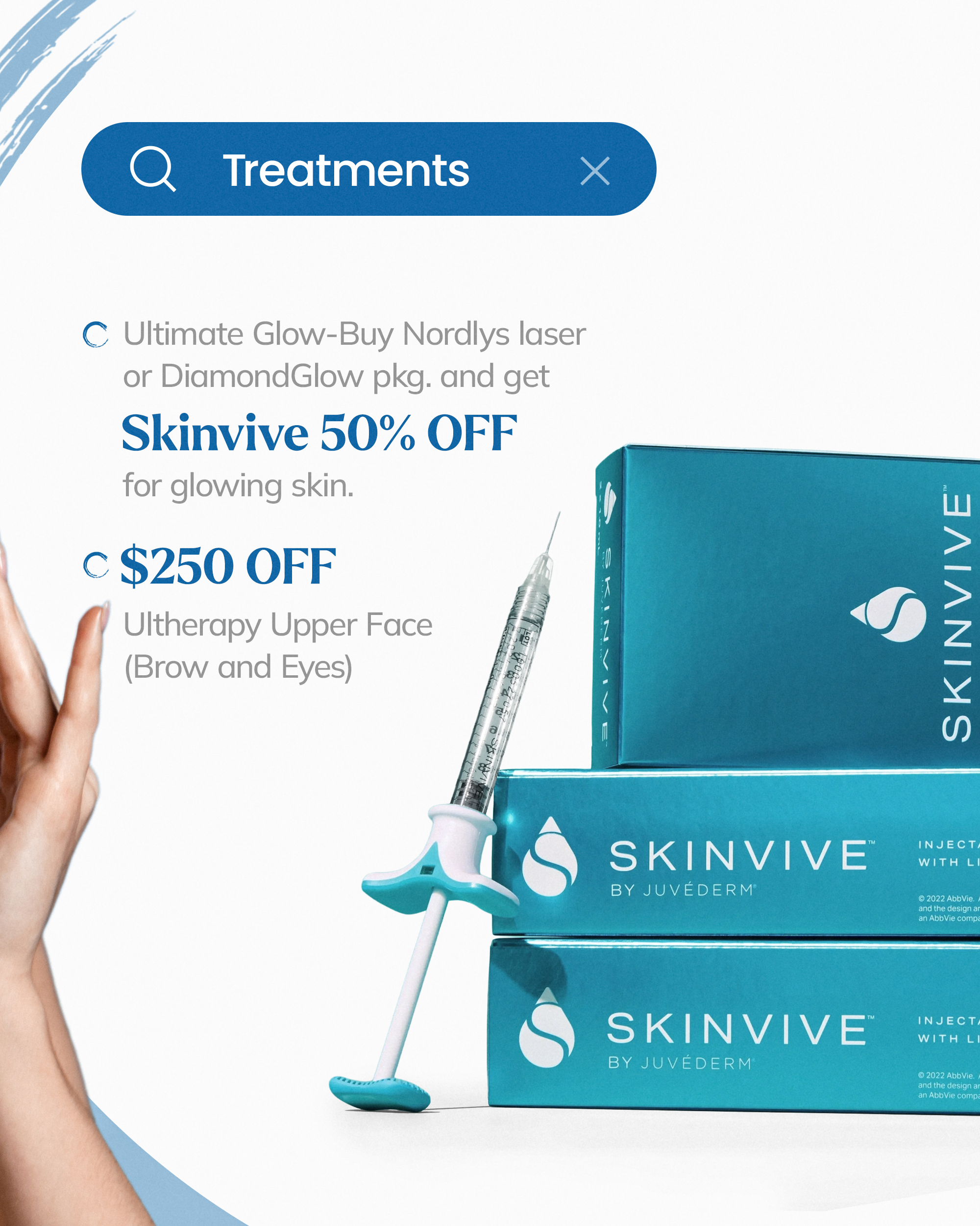 Promotional ad for facial and body treatments including CoolSculpting, EMsculpt, and skin rejuvenation services.