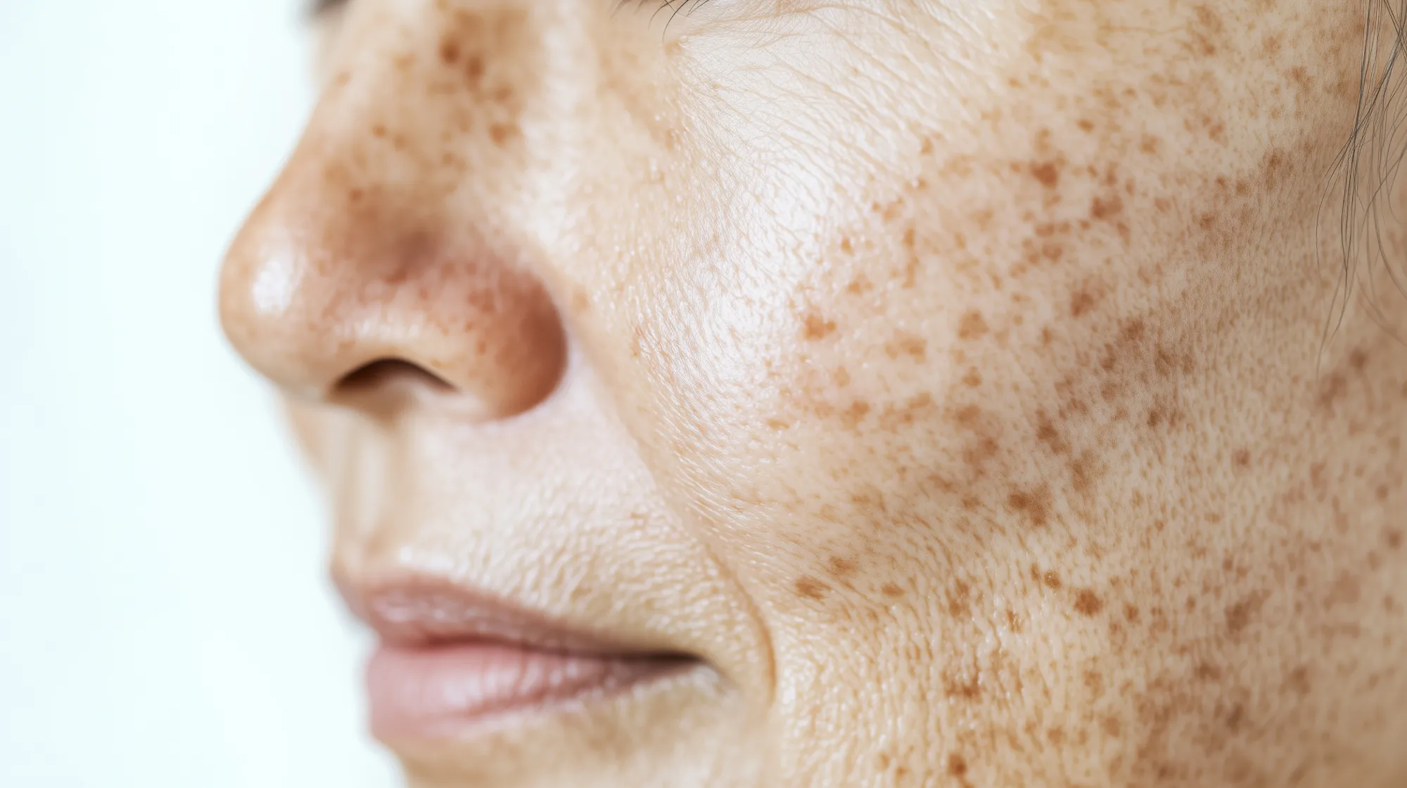 Close-up of sun-damaged skin with dark spots and pigmentation on mature woman's cheek and nose.