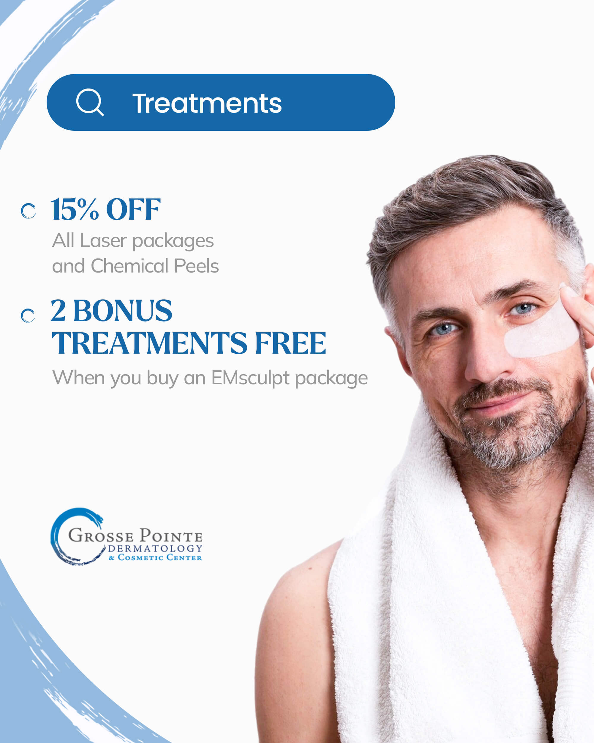June treatment specials: 15% off laser packages and chemical peels, and EMsculpt package bonus treatments.