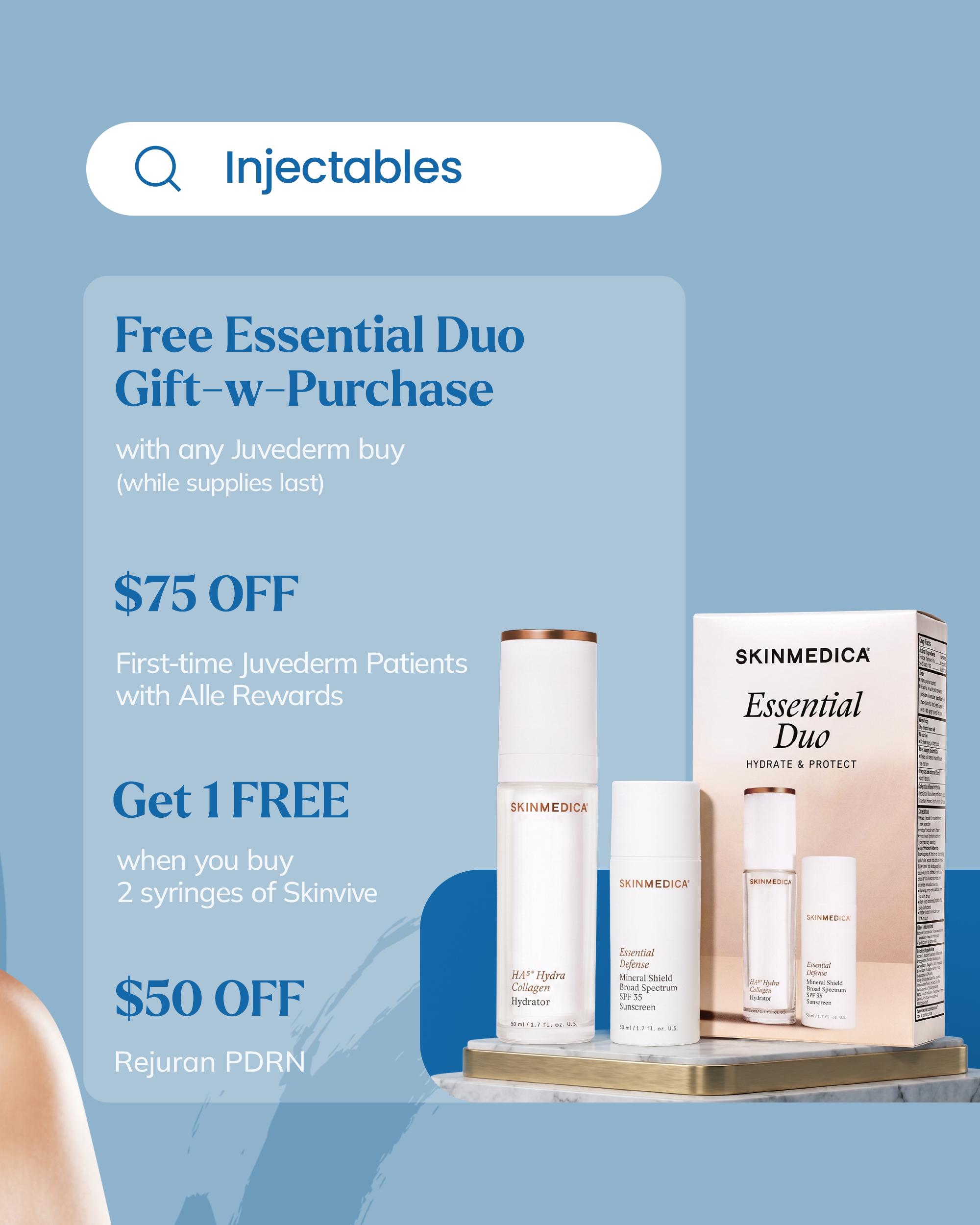July injectables specials: Juvederm gift-with-purchase, Alle Rewards savings, Skinvive, and Rejuran PDRN offers.