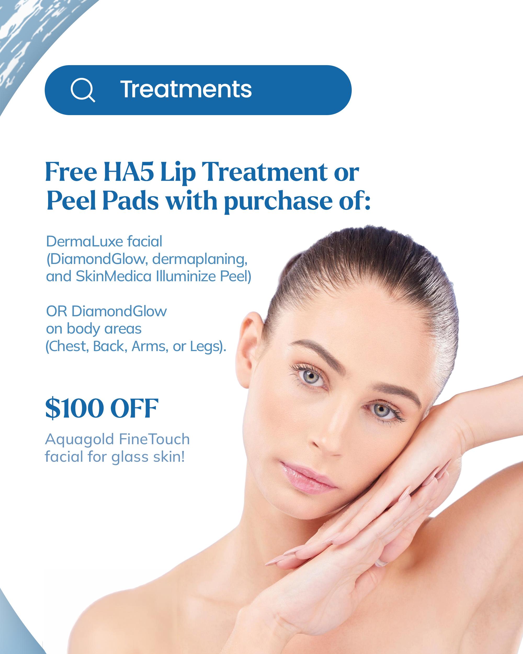 July treatment specials: DermaLuxe facial, DiamondGlow body areas, HA5 lip treatment, peel pads, and Aquagold FineTouch savings.