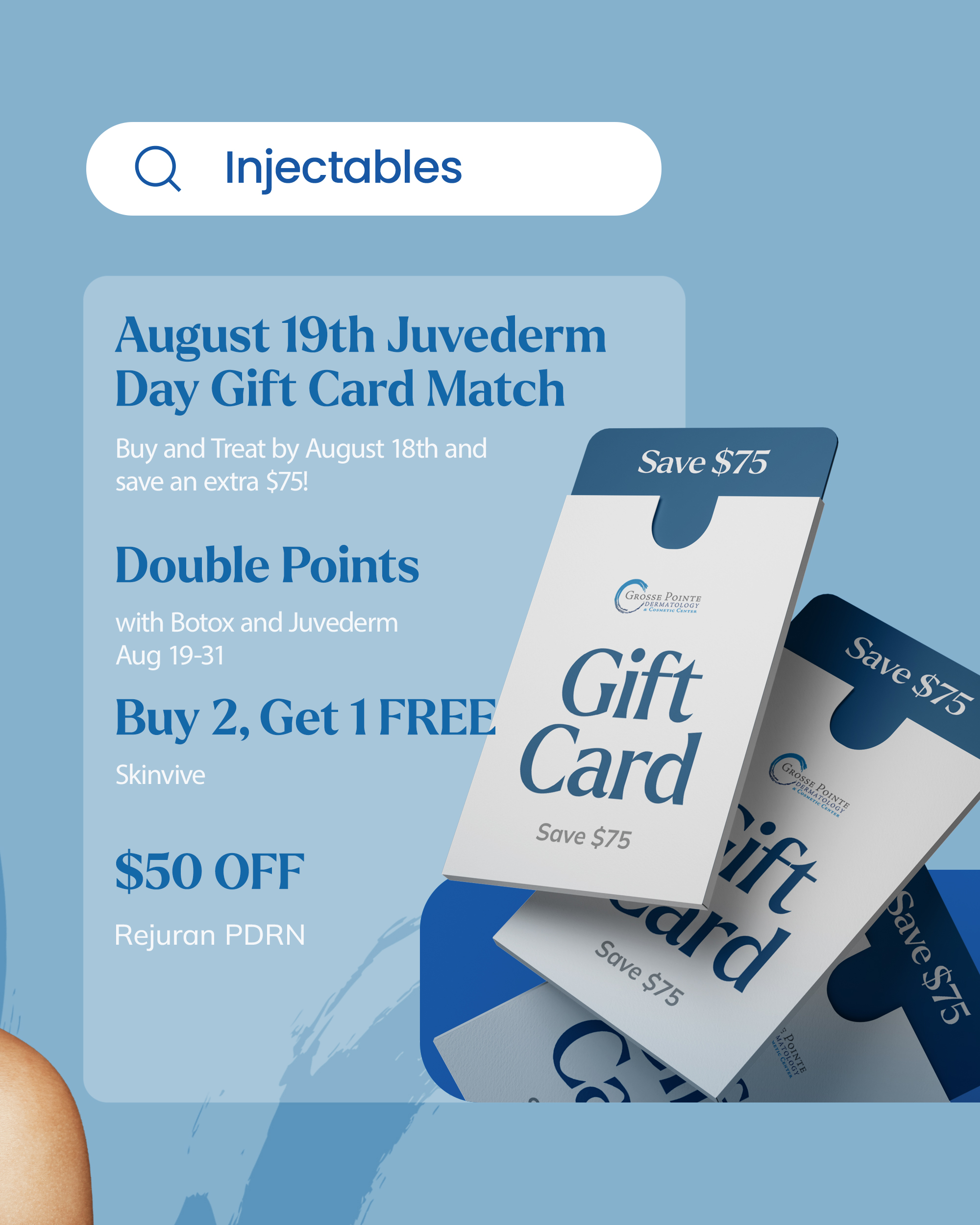 August injectables specials: Juvederm gift-with-purchase, Alle Rewards savings, Skinvive, and Rejuran PDRN offers.
