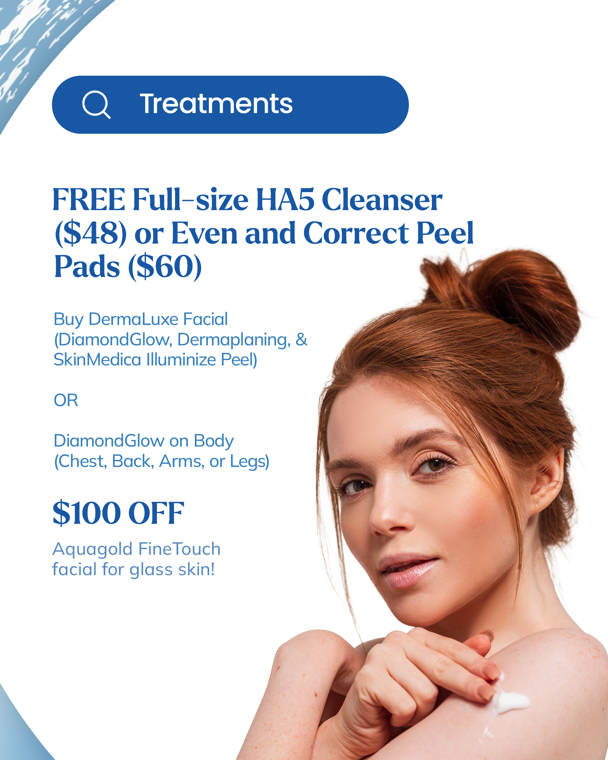 August treatment specials: DermaLuxe facial, DiamondGlow body areas, HA5 lip treatment, peel pads, and Aquagold FineTouch savings.