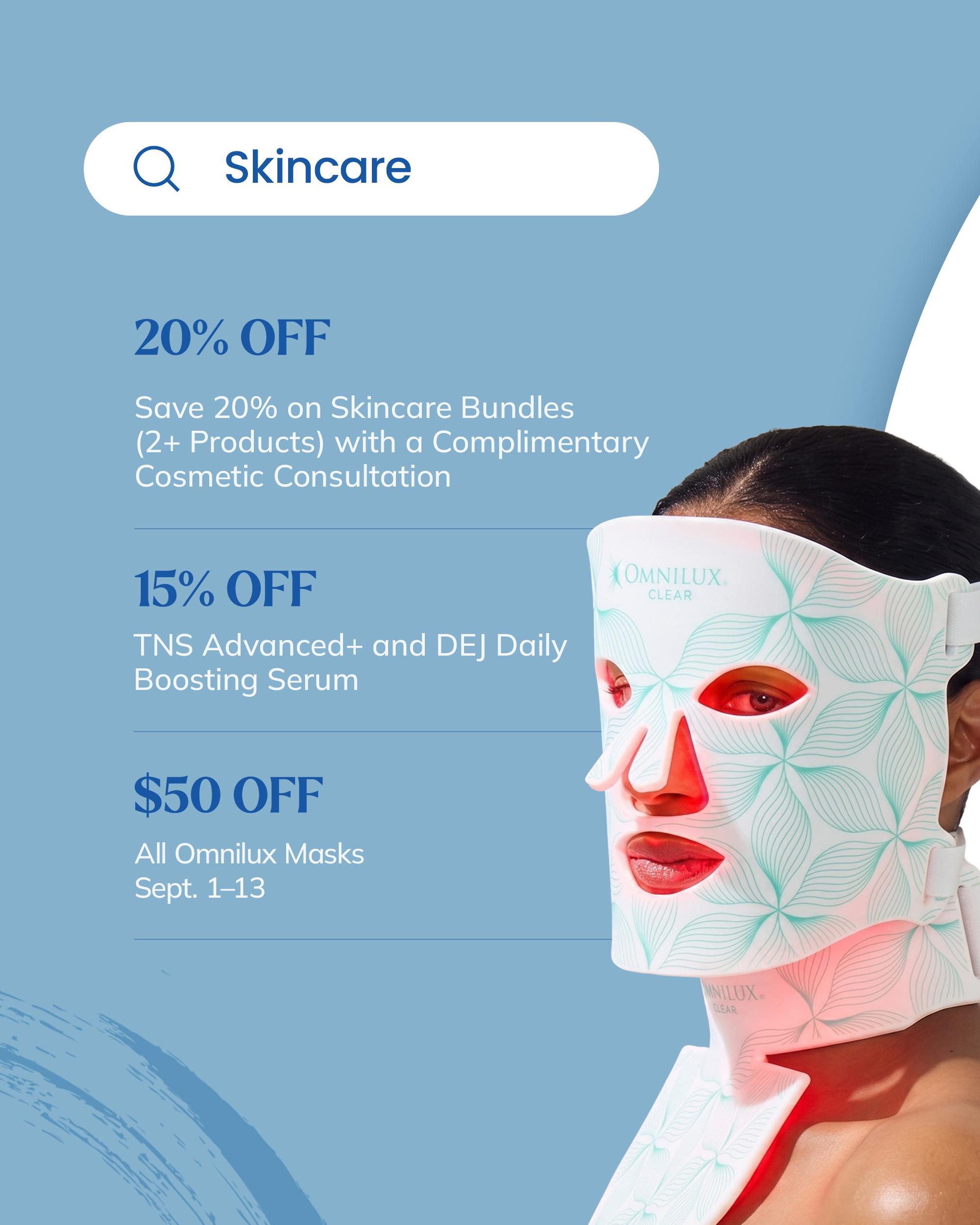 September skincare specials: skincare bundles, TNS Advanced+, DEJ Daily Boosting Serum, and Omnilux masks.