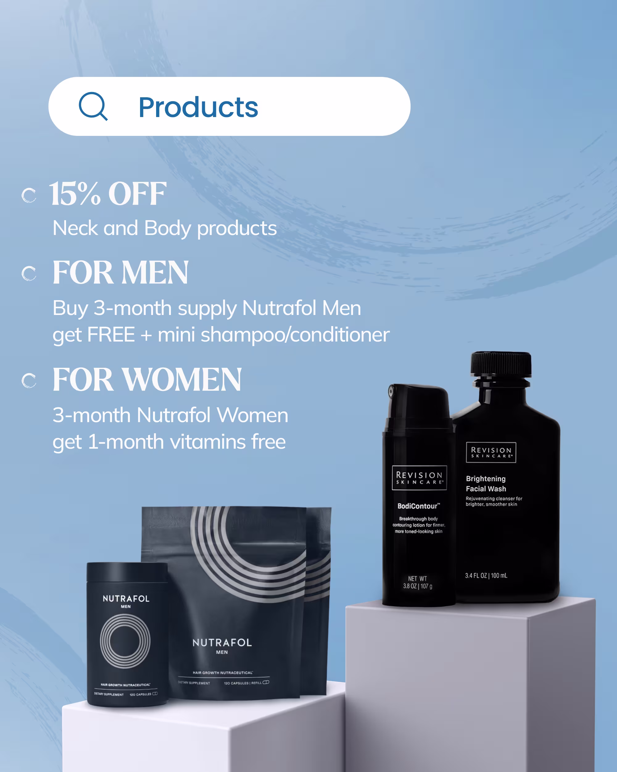 Product specials: body firming, regimen bundles, and Nutrafol vitamins at Grosse Pointe Dermatology.