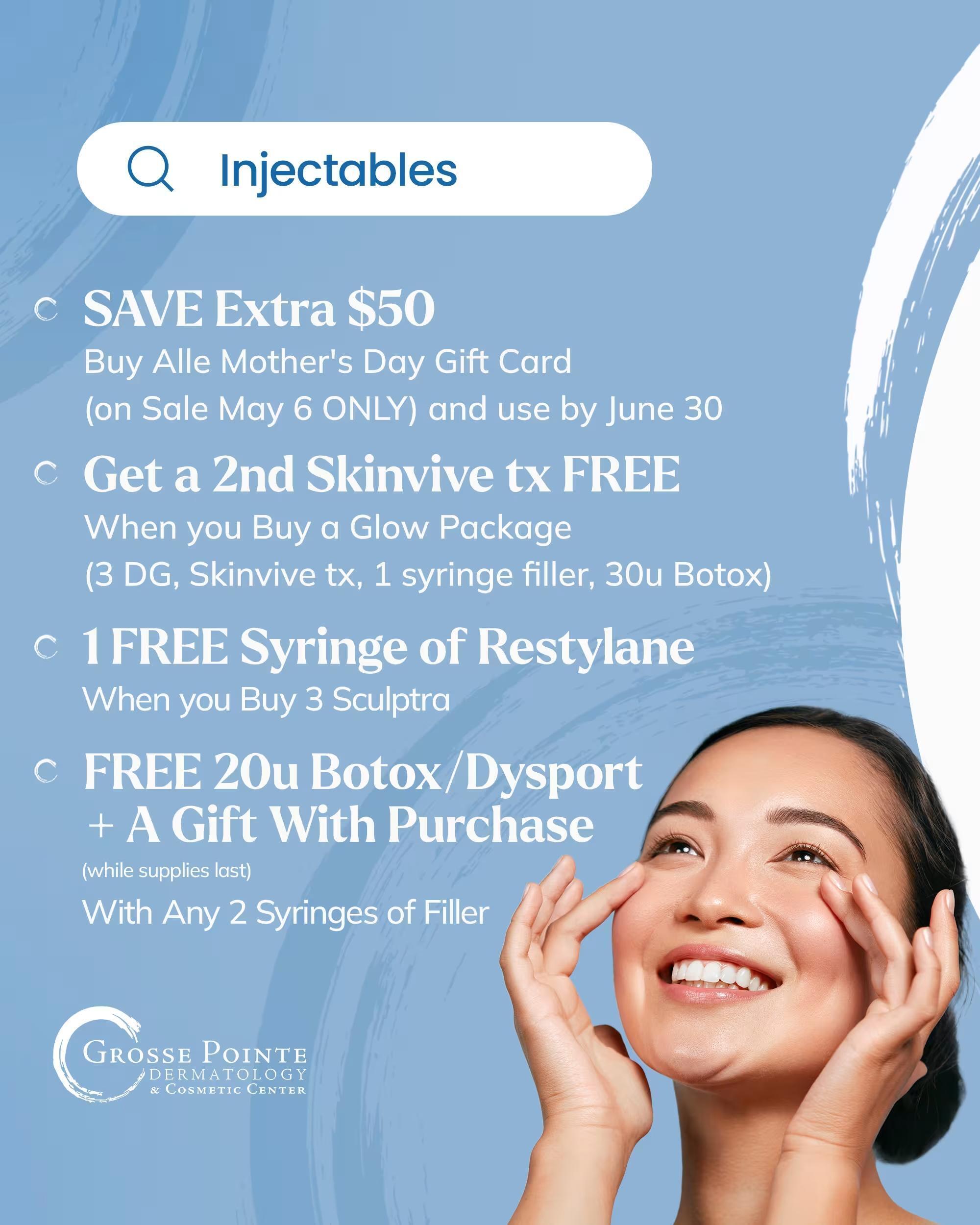 May injectables specials: Allē gift card, Skinvive glow package, Sculptra, Restylane, and filler offers.