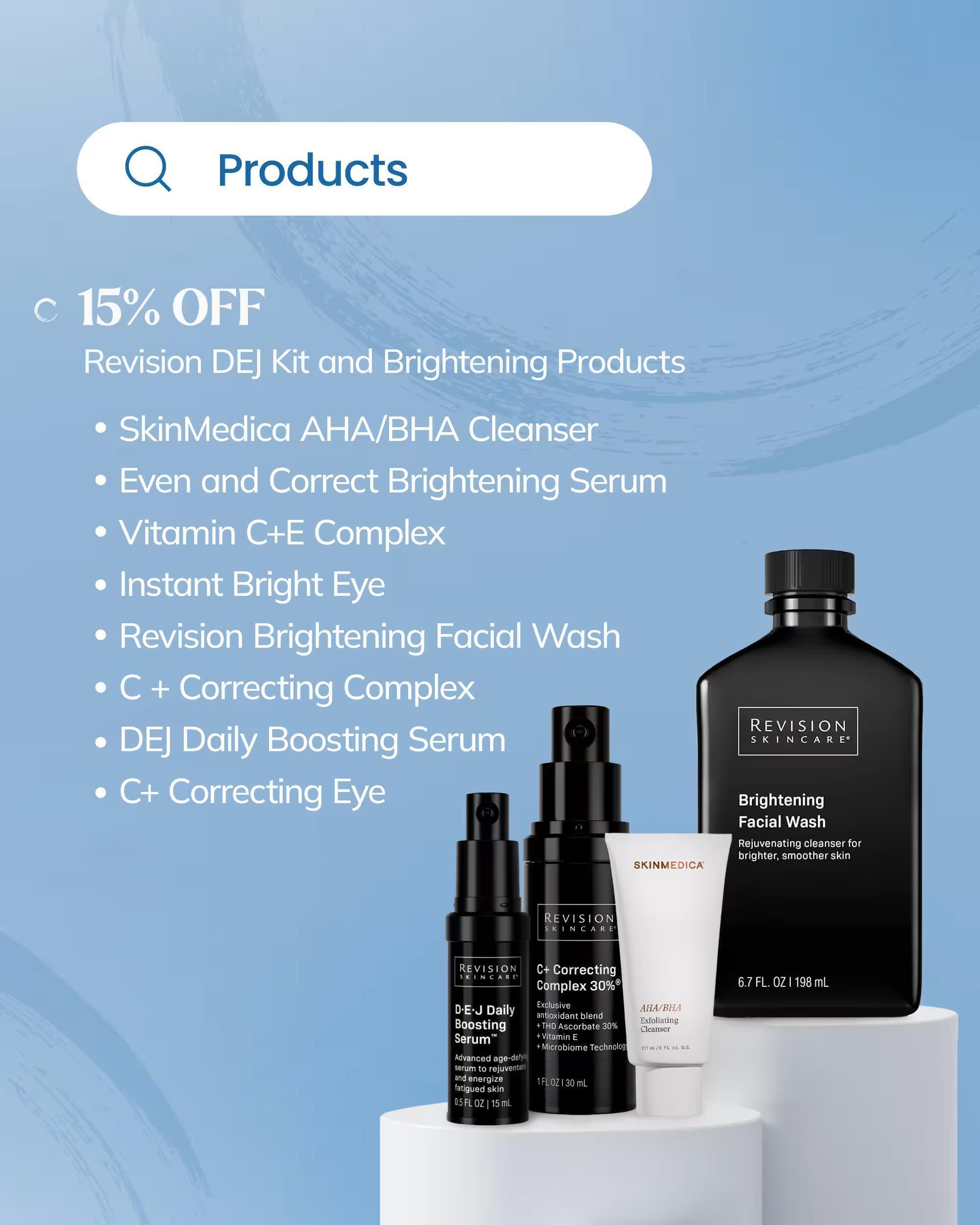 May product specials: 15% off Revision DEJ kit and brightening skincare at Grosse Pointe Dermatology.