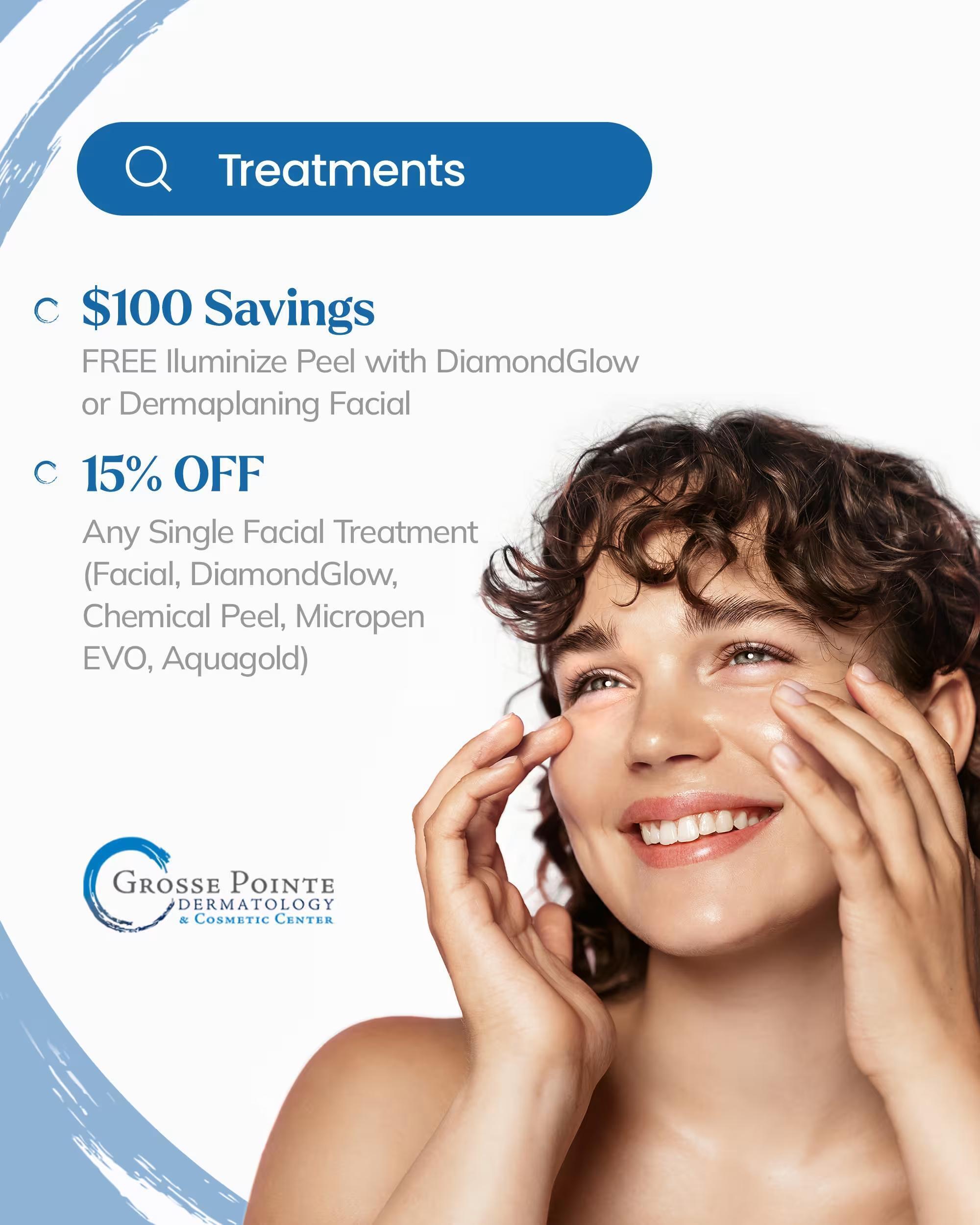 May treatment specials: Iluminize peel with DiamondGlow or dermaplaning, and facial discounts.